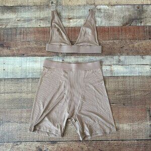 boutique tan sports bra and shorts set women's small
